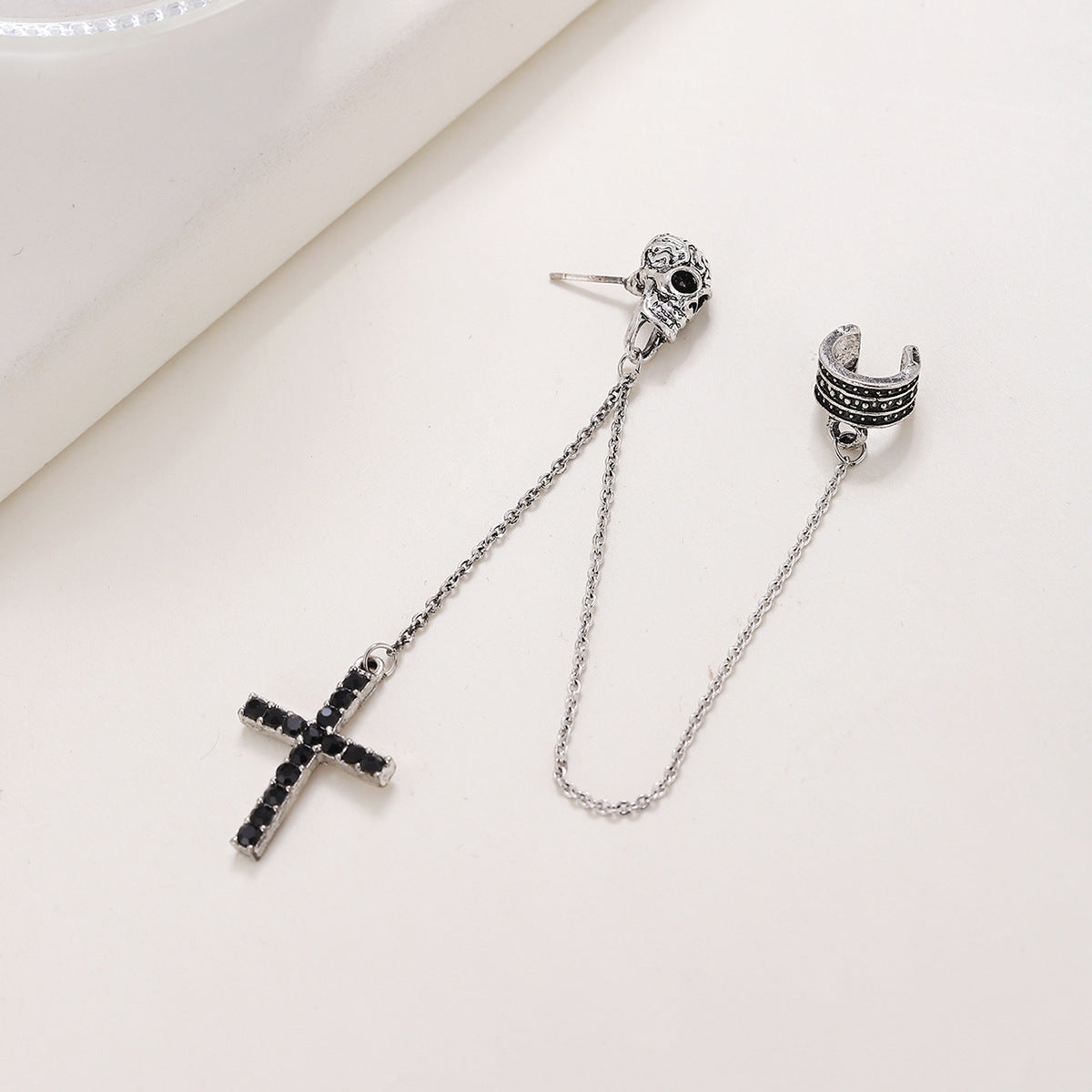 Skull and Black Cross Double Chain Earrings