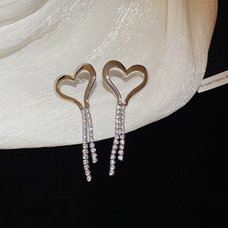 Heart-Shaped Rhinestone Dangle Earrings