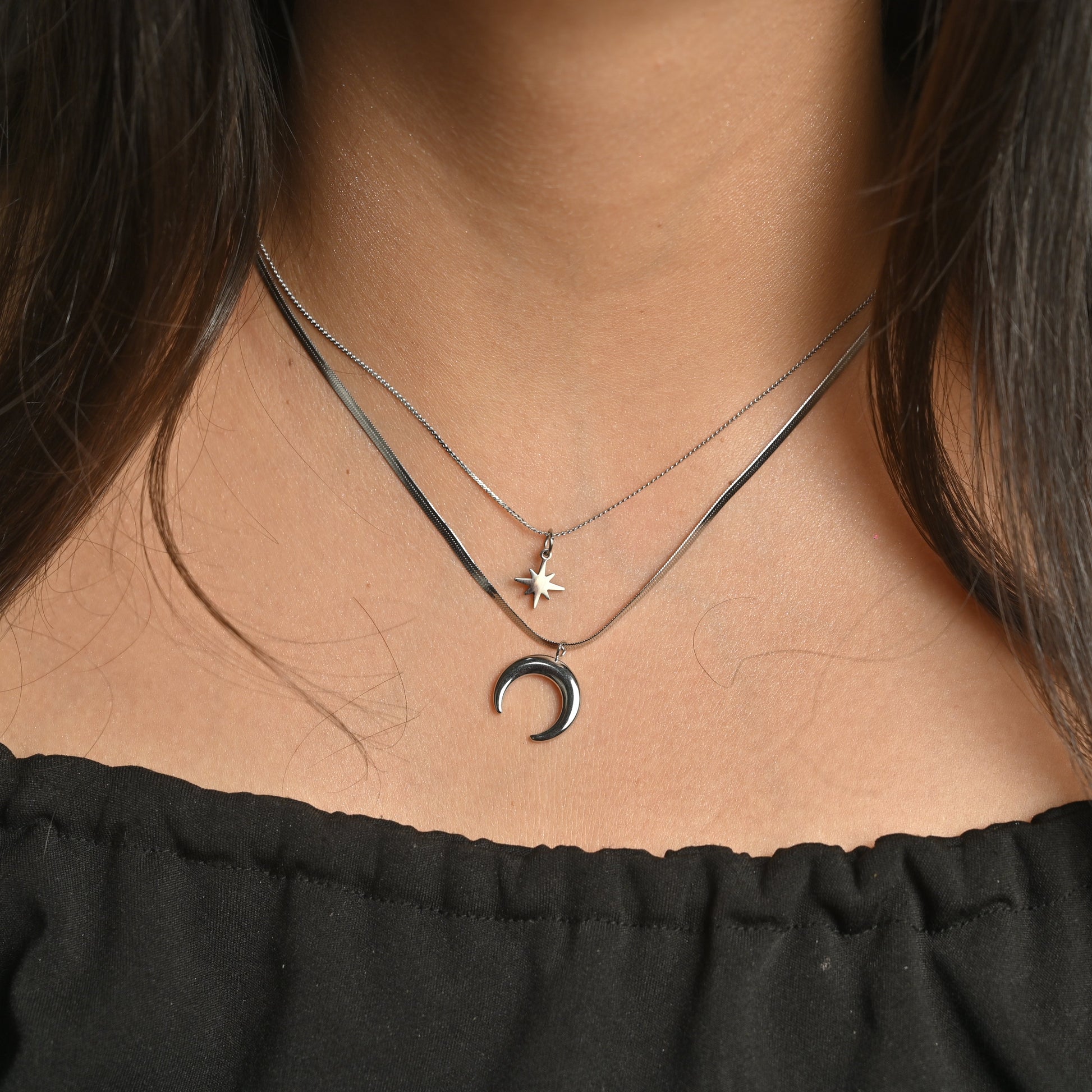 Hexagram Moon Double Layer Necklace
