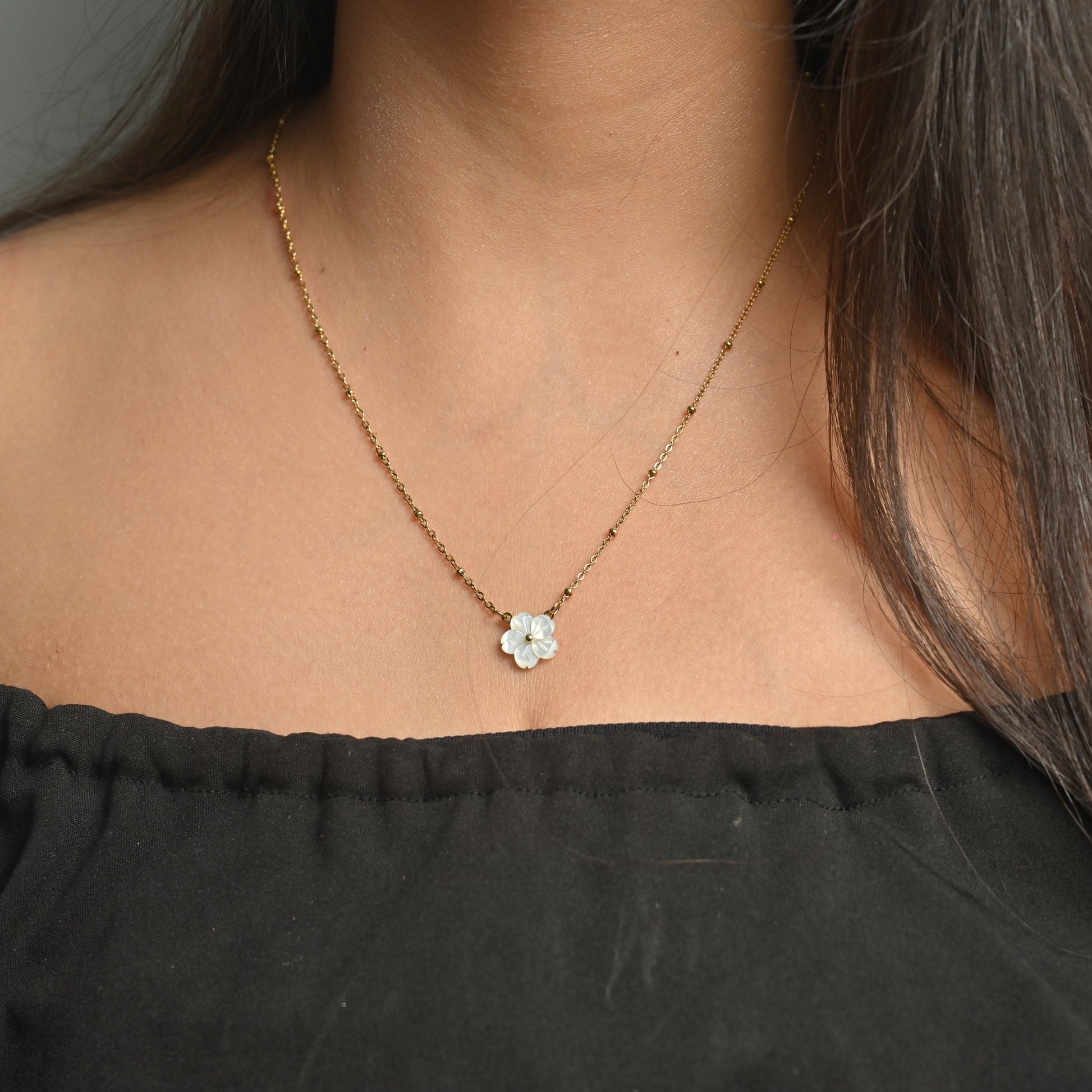 Gold Chain with Mother of Pearl Flower Pendant