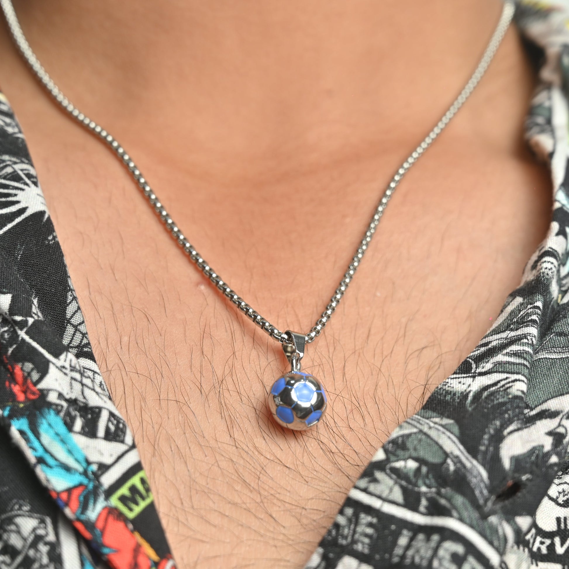 Blue and Silver Football Pendant Necklace