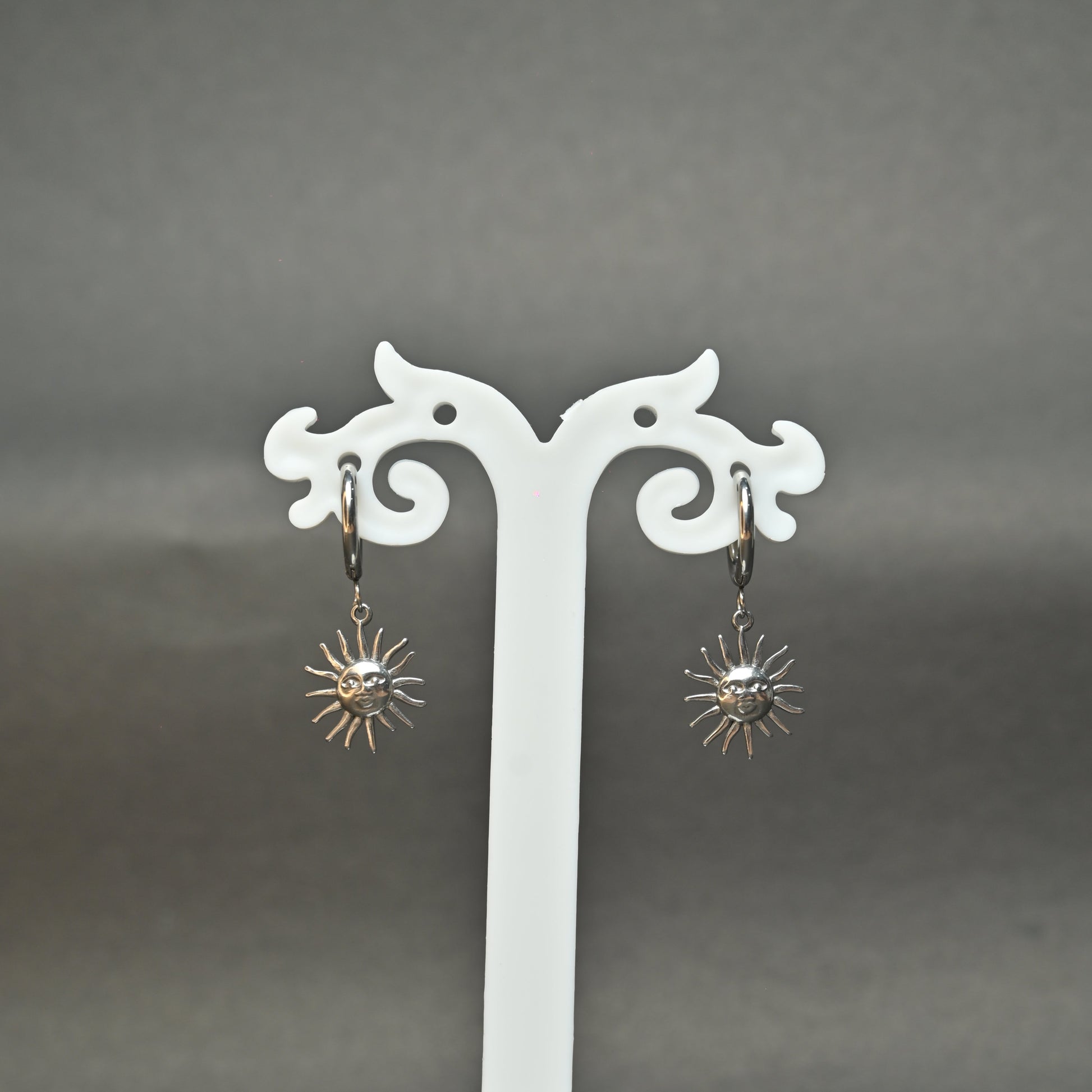 Silver Sun Face Hoop Earrings
