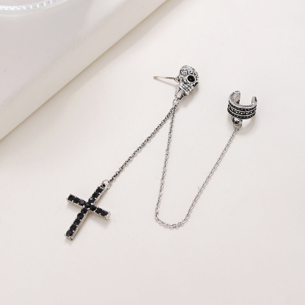 Skull and Black Cross Double Chain Earrings