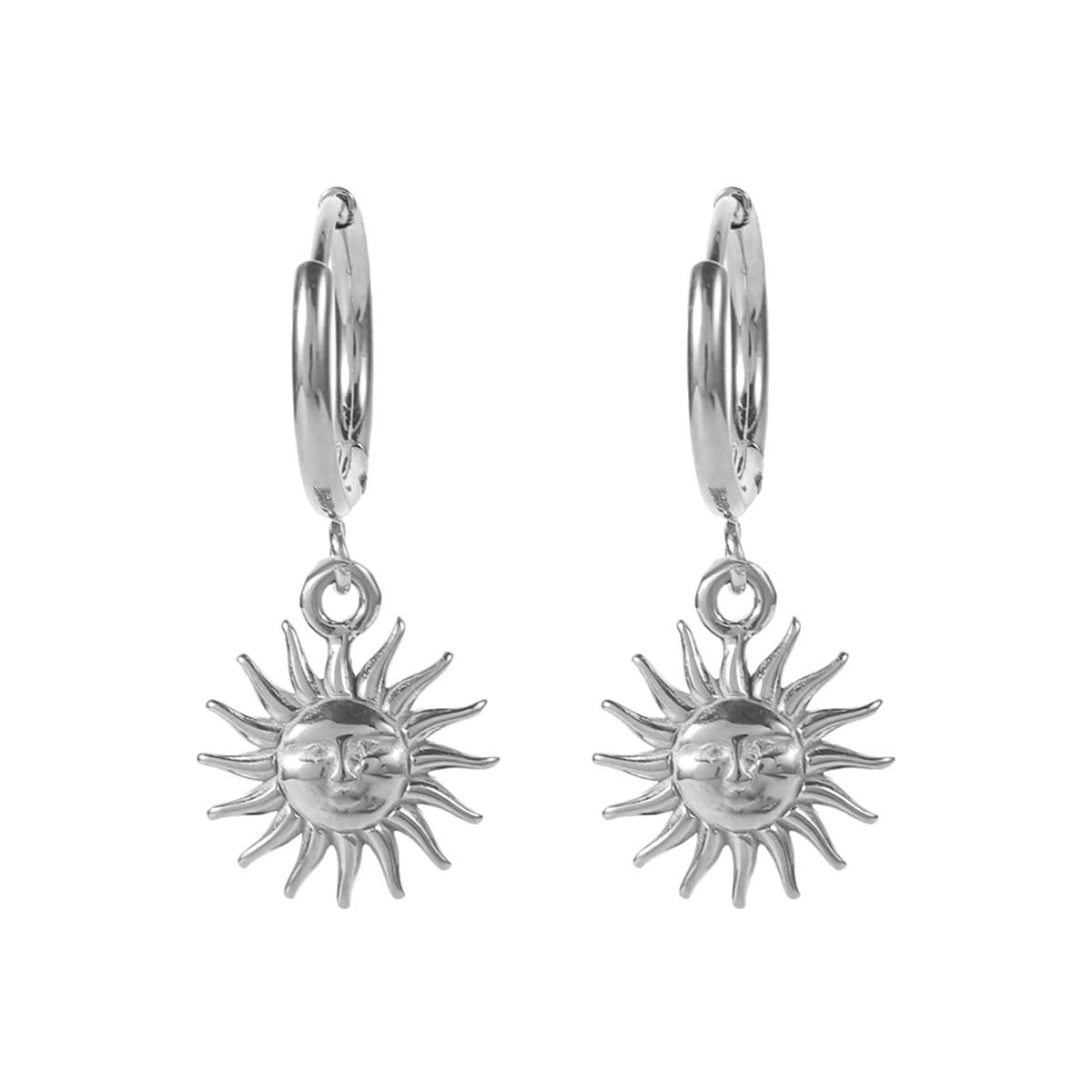 Silver Sun Face Hoop Earrings