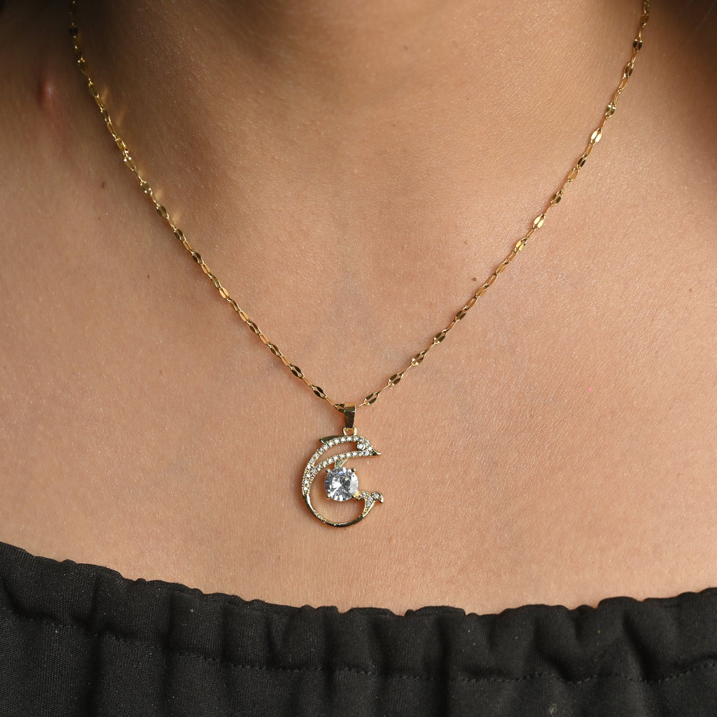 Crystal Dolphin Heart Pendant Necklace