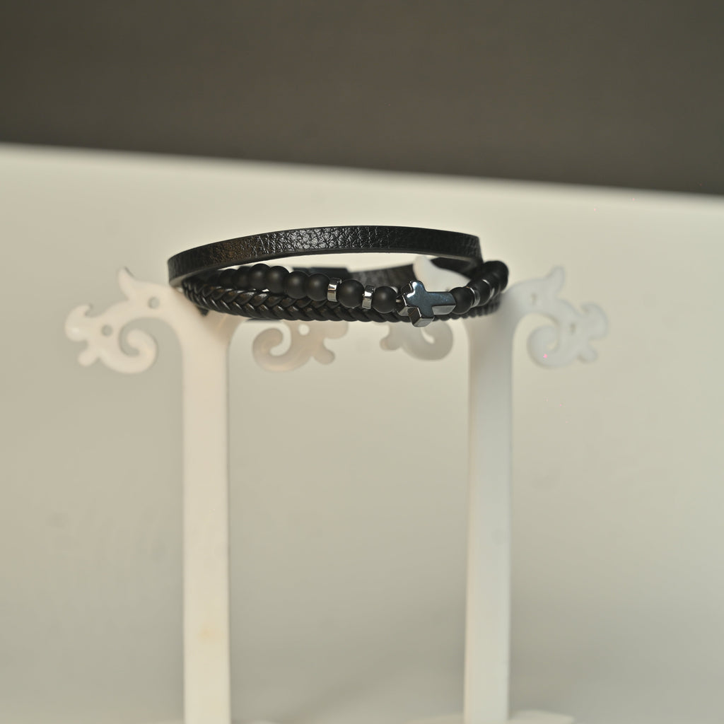 Retro Cross Alloy Natural Stone Haematite Men's Bracelet
