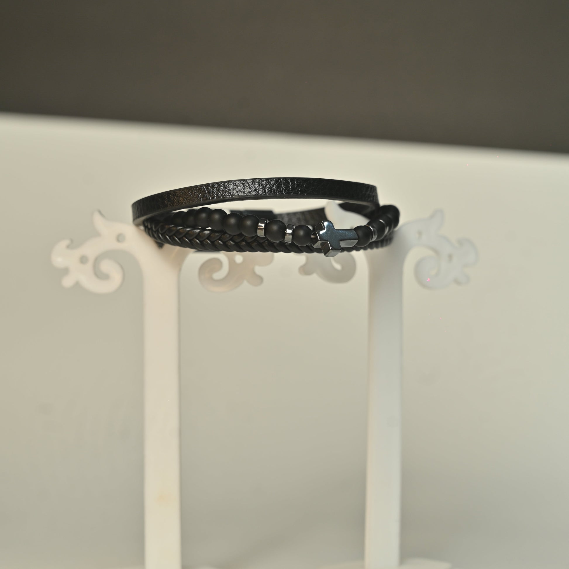 Retro Cross Alloy Natural Stone Haematite Men's Bracelet