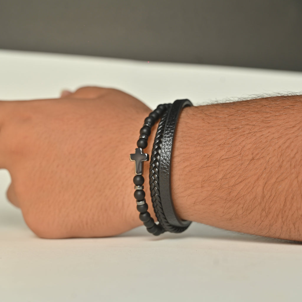 Retro Cross Alloy Natural Stone Haematite Men's Bracelet