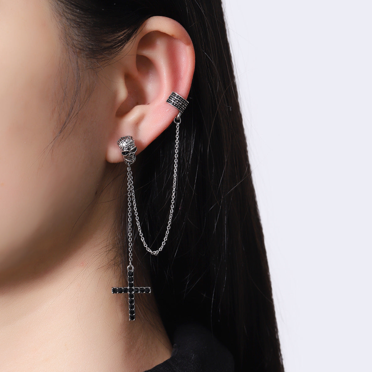 Skull and Black Cross Double Chain Earrings